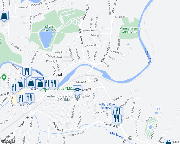 map of restaurants, bars, coffee shops, grocery stores, and more near 99 Chestnut Hill Avenue in Athol