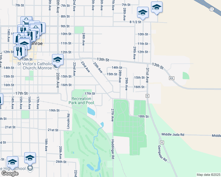 map of restaurants, bars, coffee shops, grocery stores, and more near 2415 16th Street in Monroe