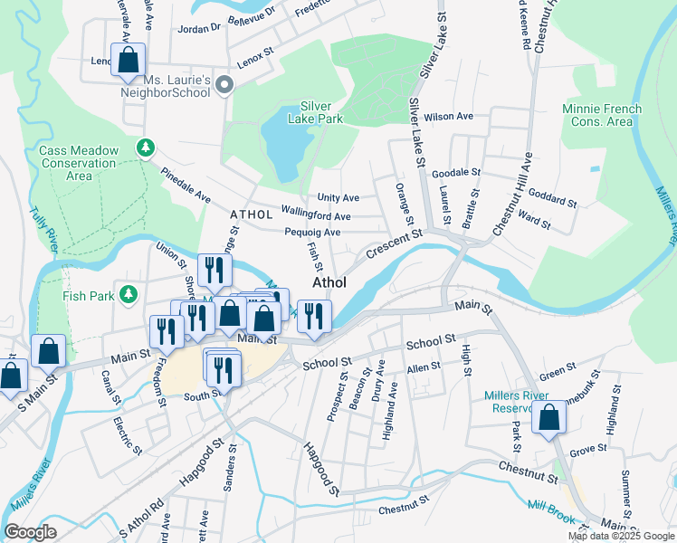 map of restaurants, bars, coffee shops, grocery stores, and more near 78 Lake Street in Athol