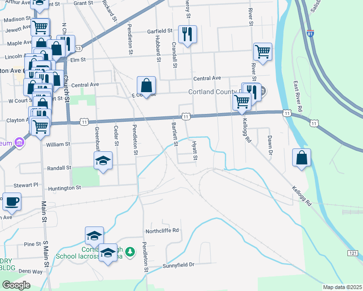 map of restaurants, bars, coffee shops, grocery stores, and more near 16 Bartlett Street in Cortland