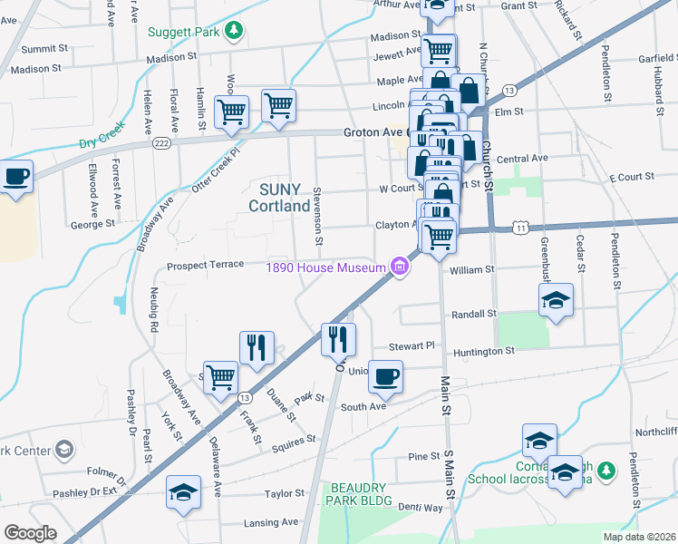 map of restaurants, bars, coffee shops, grocery stores, and more near 31 Prospect Terrace in Cortland