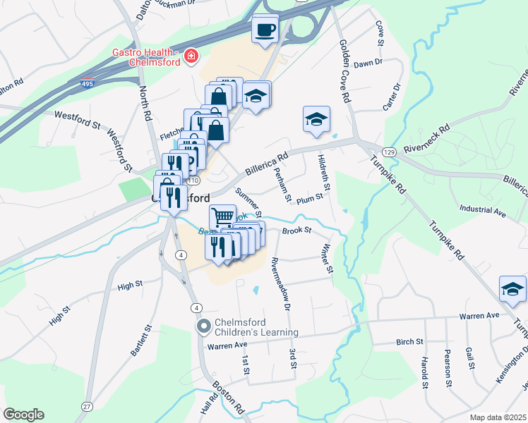 map of restaurants, bars, coffee shops, grocery stores, and more near 27 Summer Street in Chelmsford