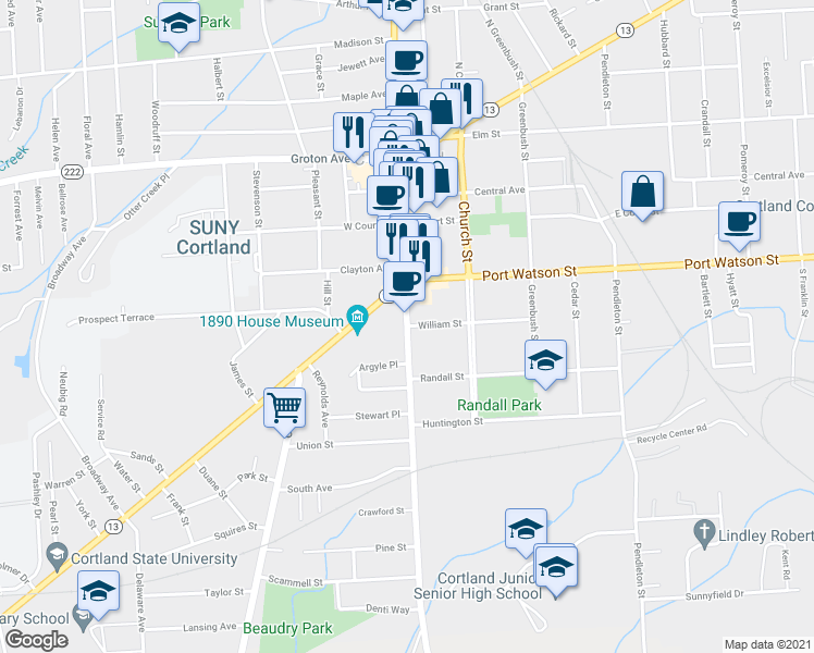 map of restaurants, bars, coffee shops, grocery stores, and more near Main Street & William Street in Cortland