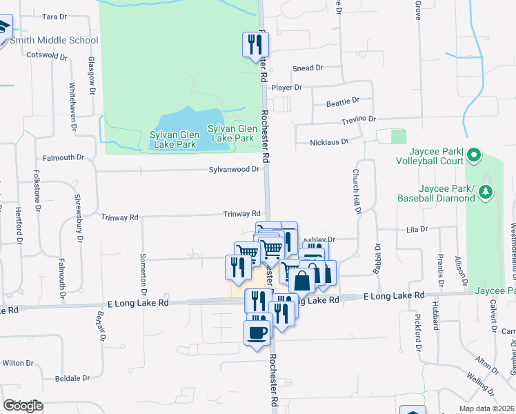 map of restaurants, bars, coffee shops, grocery stores, and more near 5353 Rochester Road in Troy