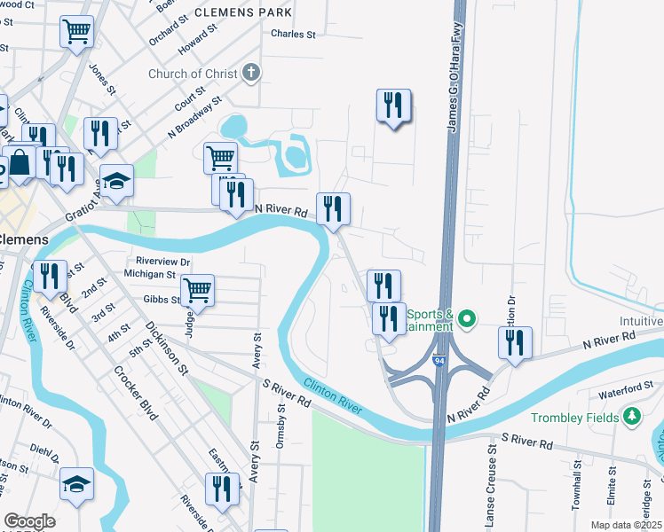 map of restaurants, bars, coffee shops, grocery stores, and more near 4011 Riverview Circle in Mount Clemens
