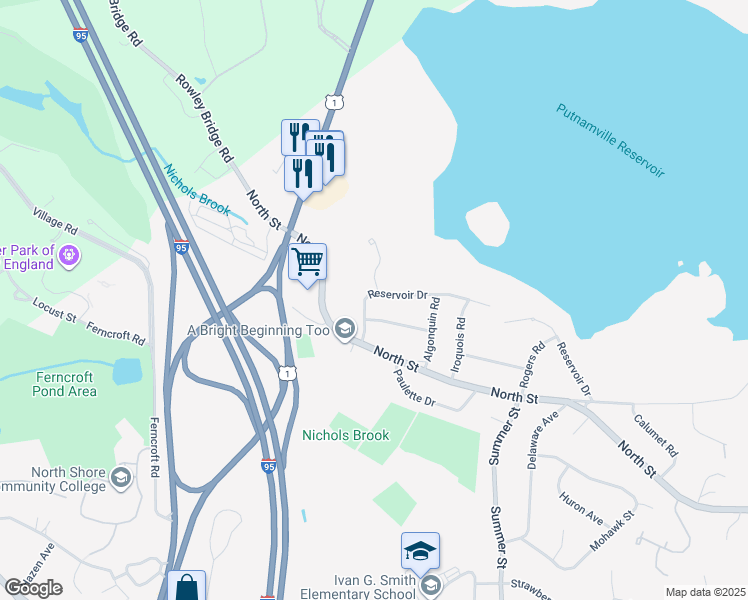 map of restaurants, bars, coffee shops, grocery stores, and more near 10 Reservoir Drive in Danvers