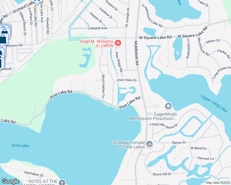 map of restaurants, bars, coffee shops, grocery stores, and more near 2581 Pine View Drive in West Bloomfield Township