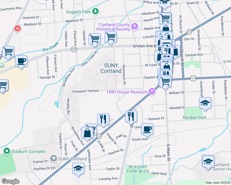 map of restaurants, bars, coffee shops, grocery stores, and more near 53 Prospect Terrace in Cortland