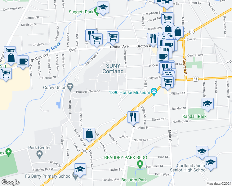 map of restaurants, bars, coffee shops, grocery stores, and more near 44 Cheney Hall in Cortland