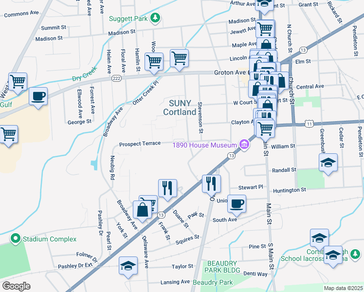 map of restaurants, bars, coffee shops, grocery stores, and more near 44 Cheney Hall in Cortland