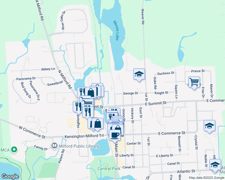 map of restaurants, bars, coffee shops, grocery stores, and more near 825 North Main Street in Milford Charter Township