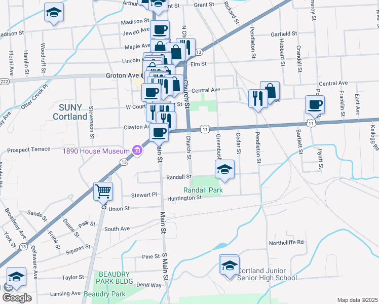 map of restaurants, bars, coffee shops, grocery stores, and more near Church Street & William Street in Cortland