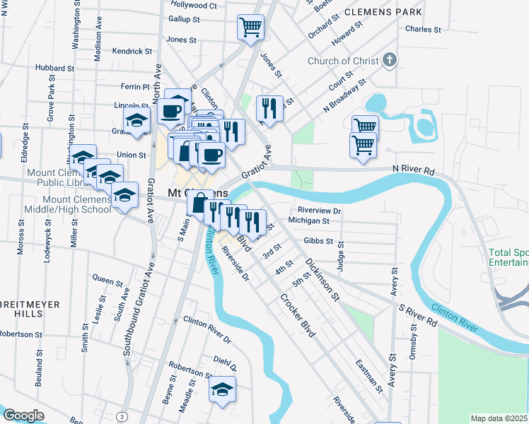 map of restaurants, bars, coffee shops, grocery stores, and more near 21 Dickinson Street in Mount Clemens