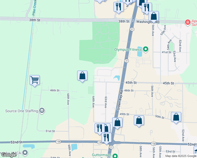 map of restaurants, bars, coffee shops, grocery stores, and more near 6313 43rd Street in Kenosha