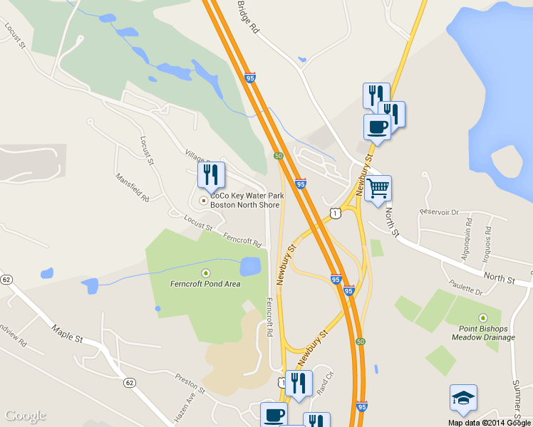 map of restaurants, bars, coffee shops, grocery stores, and more near Village Rd in Danvers