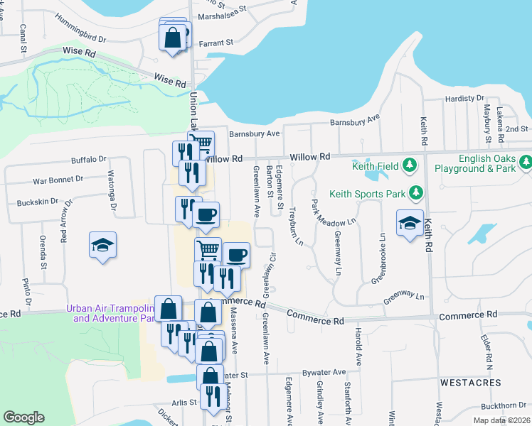 map of restaurants, bars, coffee shops, grocery stores, and more near 2646 Barton Street in Commerce Township