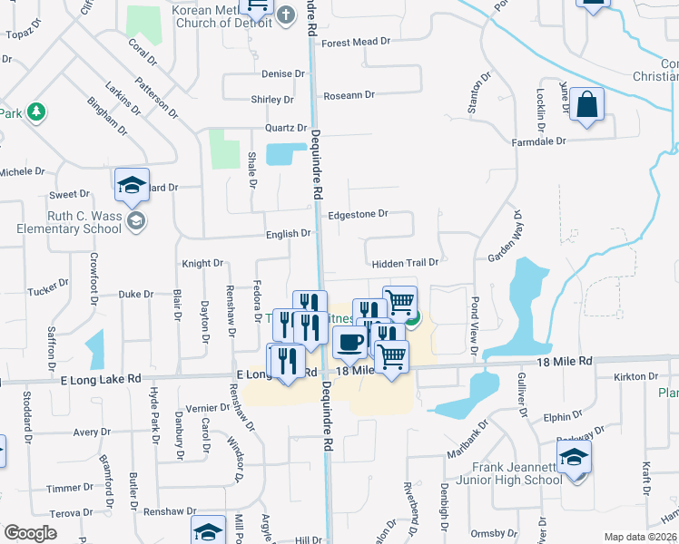 map of restaurants, bars, coffee shops, grocery stores, and more near 41514 Dequindre Road in Sterling Heights