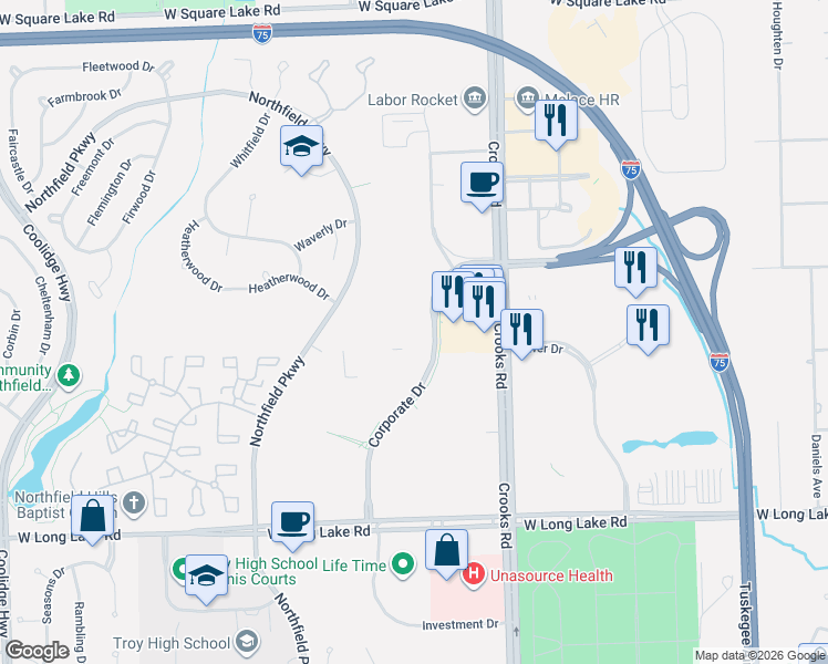 map of restaurants, bars, coffee shops, grocery stores, and more near 5455 Corporate Drive in Troy