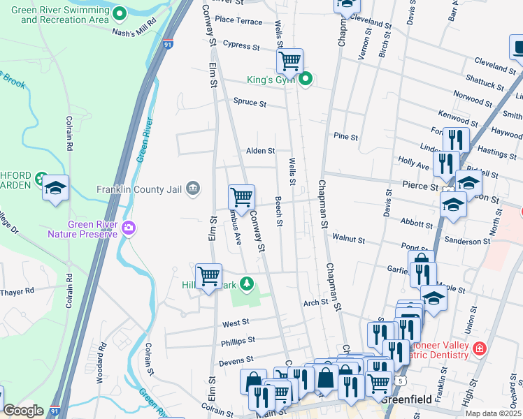 map of restaurants, bars, coffee shops, grocery stores, and more near 219 Conway Street in Greenfield
