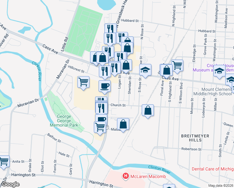 map of restaurants, bars, coffee shops, grocery stores, and more near 50 Logan Street in Mount Clemens