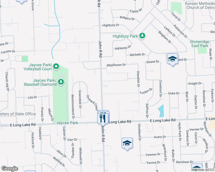 map of restaurants, bars, coffee shops, grocery stores, and more near 2022 Chaps Drive in Troy