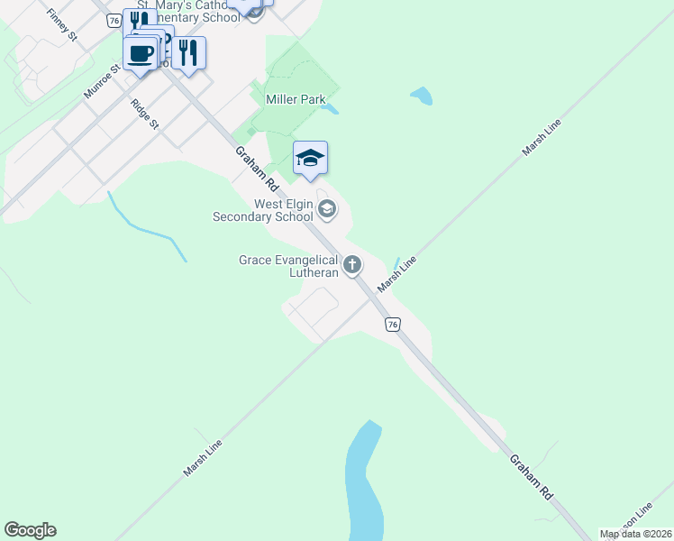 map of restaurants, bars, coffee shops, grocery stores, and more near 118 Graham Road in Elgin County