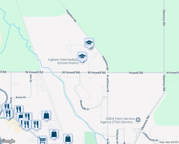 map of restaurants, bars, coffee shops, grocery stores, and more near 2630 West Howell Road in Mason
