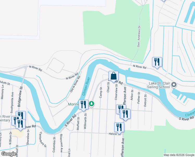 map of restaurants, bars, coffee shops, grocery stores, and more near 29790 Riverside Bay Court in Harrison Township