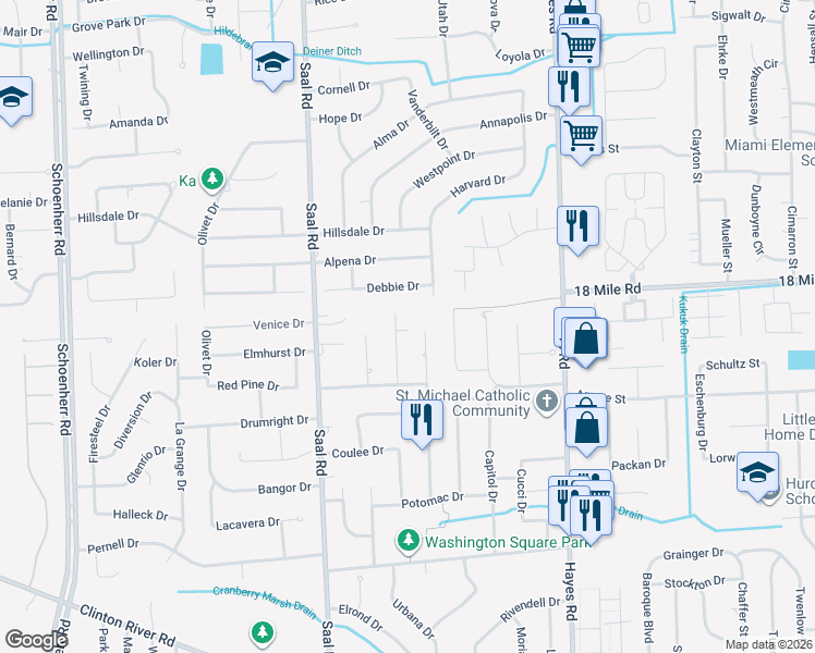 map of restaurants, bars, coffee shops, grocery stores, and more near 40875 Cascade Drive in Sterling Heights