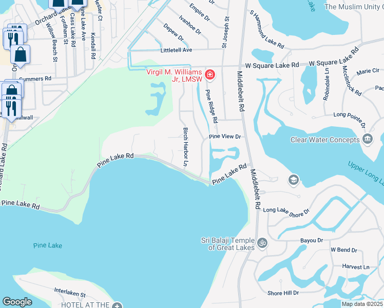 map of restaurants, bars, coffee shops, grocery stores, and more near 2819 Birch Harbor Lane in West Bloomfield Township
