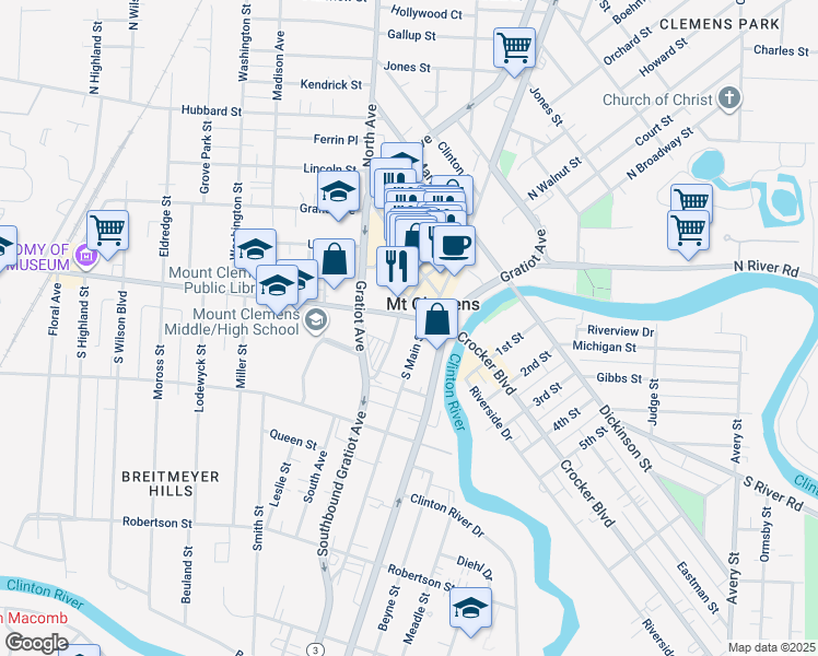 map of restaurants, bars, coffee shops, grocery stores, and more near 67 Cass Avenue in Mount Clemens