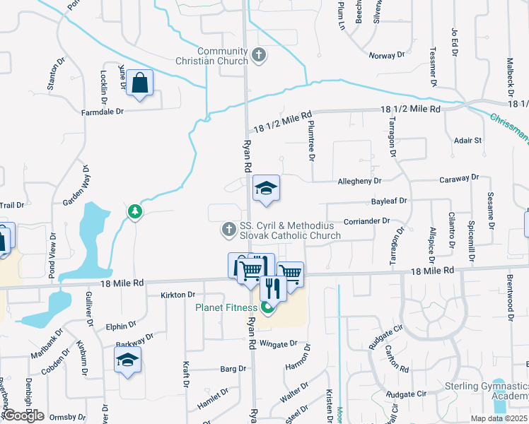map of restaurants, bars, coffee shops, grocery stores, and more near 41460 Ryan Road in Sterling Heights