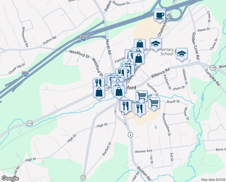 map of restaurants, bars, coffee shops, grocery stores, and more near 1 Littleton Road in Chelmsford