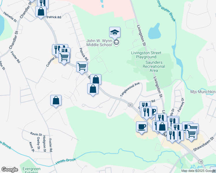 map of restaurants, bars, coffee shops, grocery stores, and more near 1624 Massachusetts 38 in Tewksbury