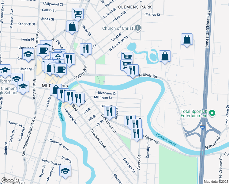 map of restaurants, bars, coffee shops, grocery stores, and more near 66 Riverview Drive in Mount Clemens