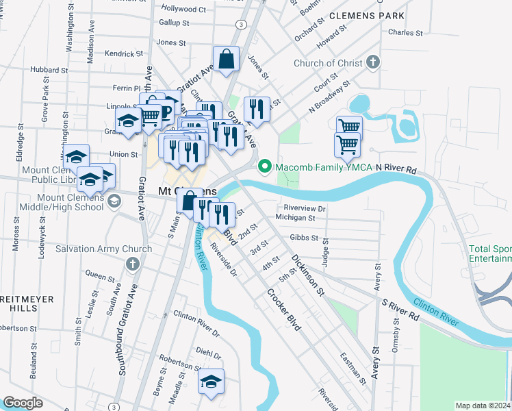 map of restaurants, bars, coffee shops, grocery stores, and more near 21 Dickinson Street in Mount Clemens