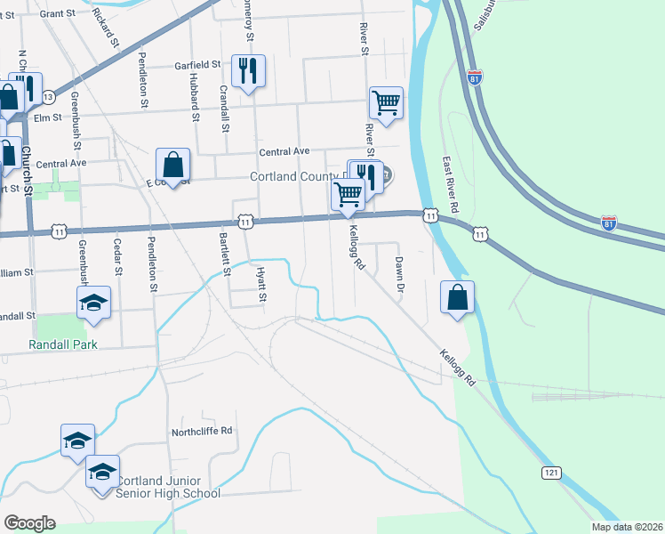 map of restaurants, bars, coffee shops, grocery stores, and more near 8 Kellogg Road in Cortland