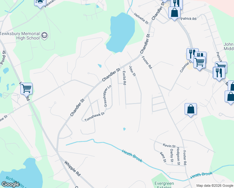 map of restaurants, bars, coffee shops, grocery stores, and more near 19 Euclid Road in Tewksbury
