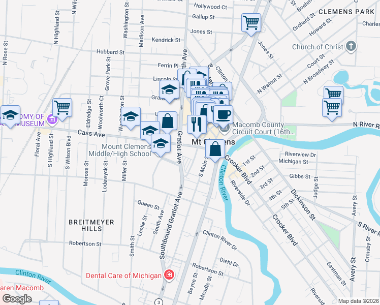 map of restaurants, bars, coffee shops, grocery stores, and more near 67 Cass Avenue in Mount Clemens