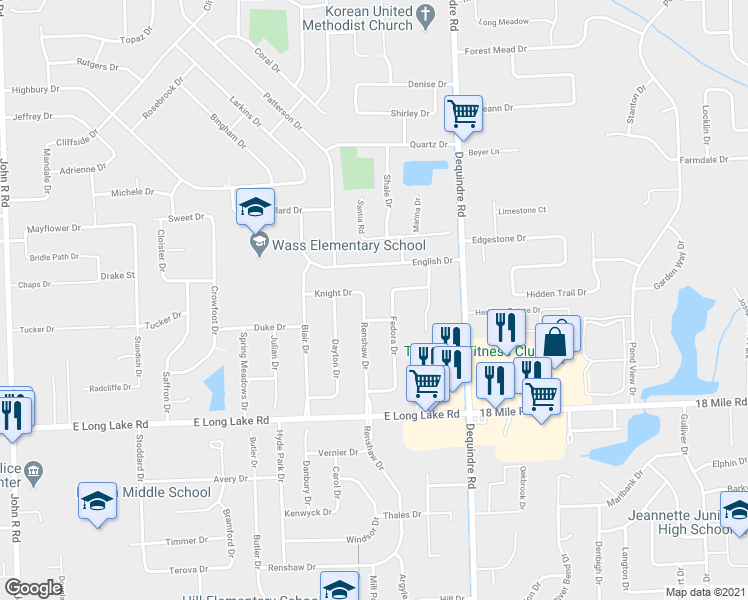 map of restaurants, bars, coffee shops, grocery stores, and more near 5298 Renshaw Drive in Troy