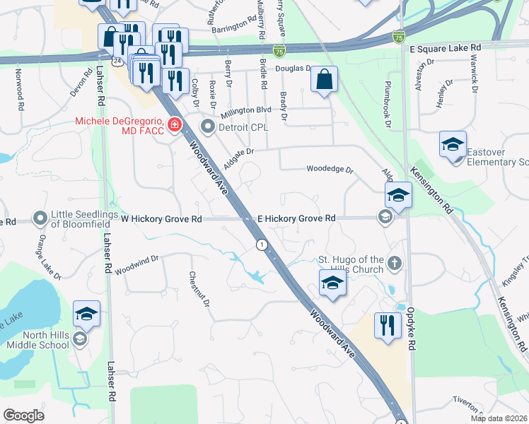 map of restaurants, bars, coffee shops, grocery stores, and more near 177 East Hickory Grove Road in Bloomfield Hills
