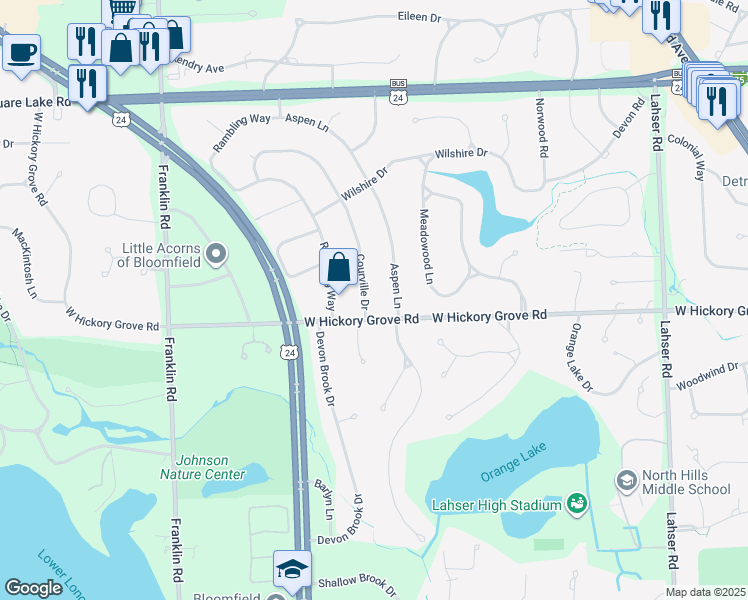 map of restaurants, bars, coffee shops, grocery stores, and more near 2957 Courville Drive in Bloomfield Township