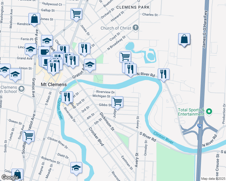 map of restaurants, bars, coffee shops, grocery stores, and more near 66 Riverview Drive in Mount Clemens