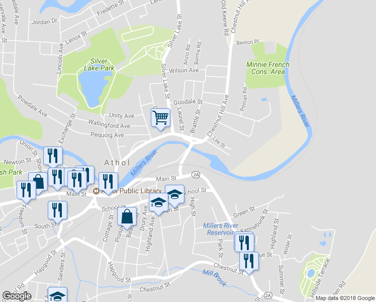 map of restaurants, bars, coffee shops, grocery stores, and more near 134 Chestnut Hill Avenue in Athol