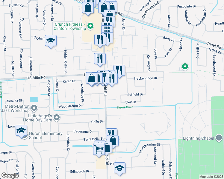 map of restaurants, bars, coffee shops, grocery stores, and more near 40820 Garfield Rd in Charter Township of Clinton