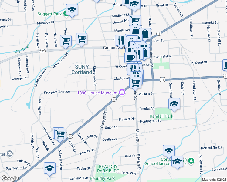 map of restaurants, bars, coffee shops, grocery stores, and more near Prospect Terrace & Hill Street in Cortland