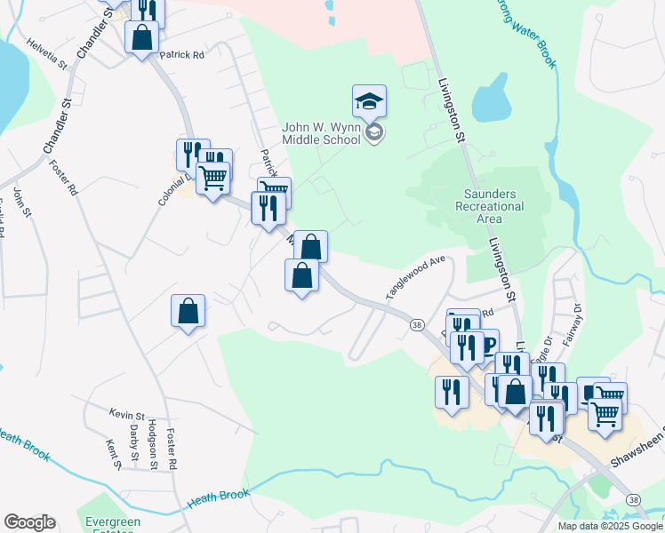 map of restaurants, bars, coffee shops, grocery stores, and more near 1624 Massachusetts 38 in Tewksbury