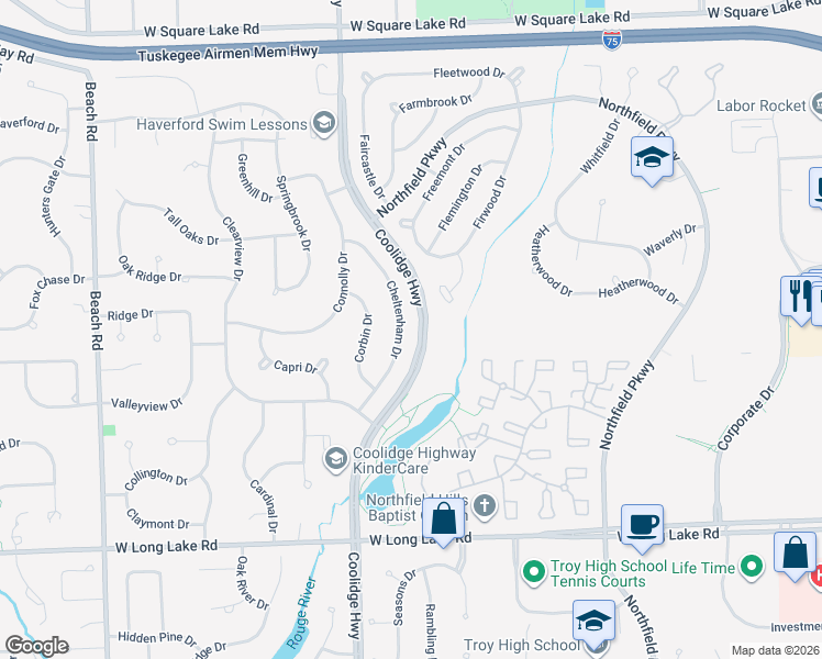 map of restaurants, bars, coffee shops, grocery stores, and more near 5434 Cheltenham Drive in Troy