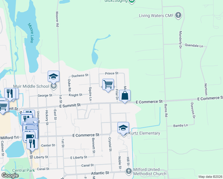 map of restaurants, bars, coffee shops, grocery stores, and more near 1114 Queen Street in Milford Charter Township
