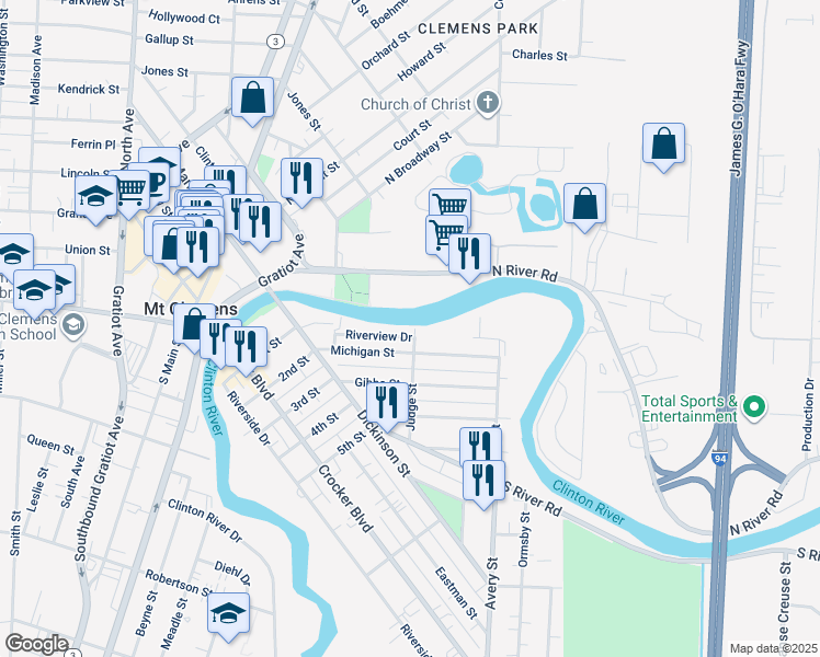 map of restaurants, bars, coffee shops, grocery stores, and more near 66 Riverview Drive in Mount Clemens